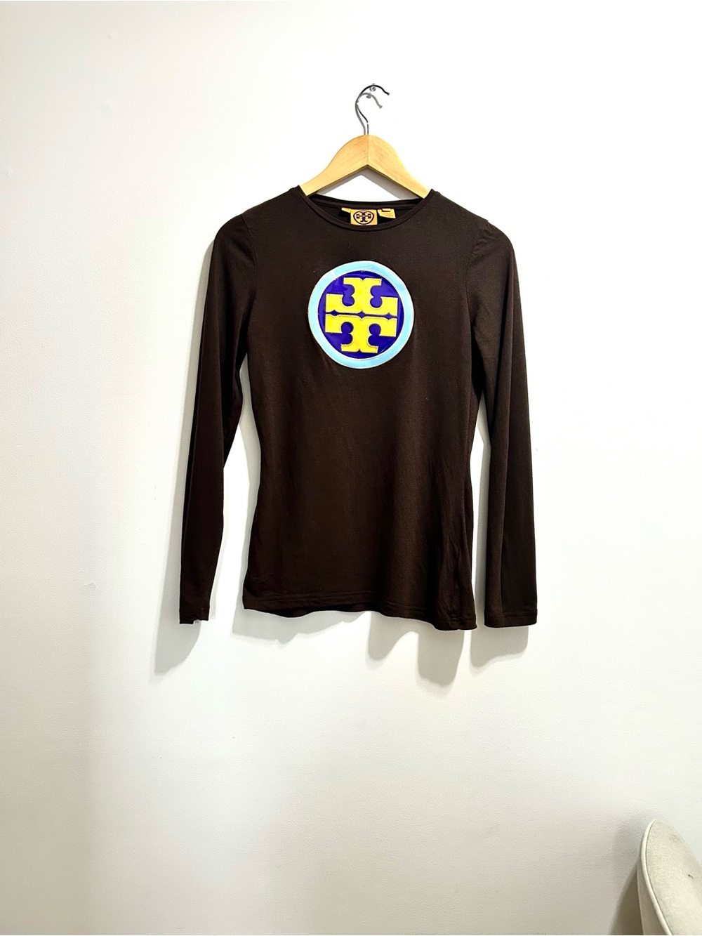 Tory Burch Brown Long-Sleeve Logo Shirt with Blue & Yellow Emblem